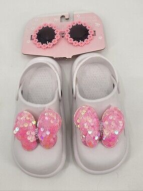 Willow & Ruby Kids Pink Sequin Butterfly Clog Shoes And Sunglasses Size 9/10 New